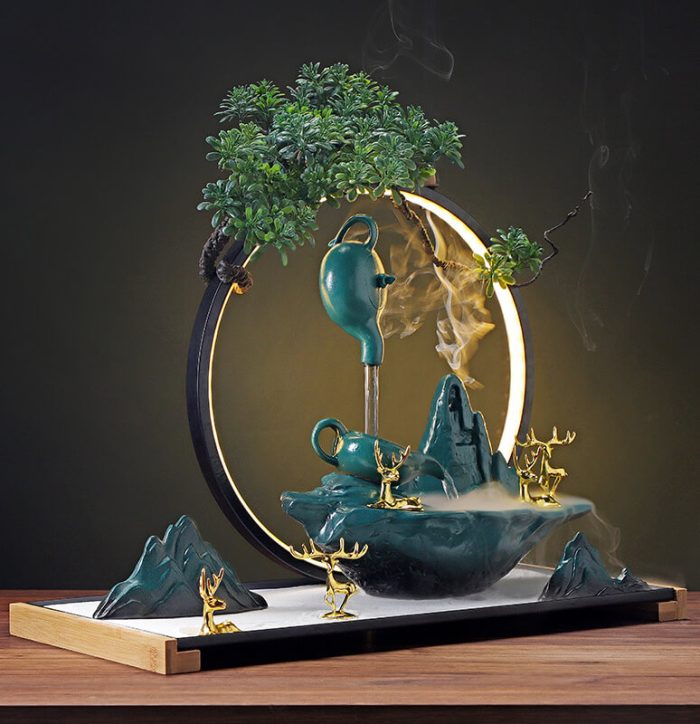 LED Ring Incense Burner – Mountain River Deer Waterfall - Image 2